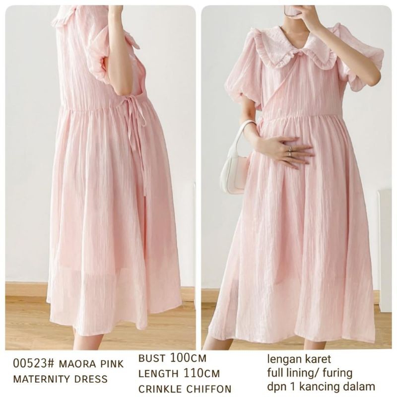 00523 Baju DRESS IBU HAMIL MAORA PINK MATERNITY DRES daster bumil nyaman Korean style wanita premium