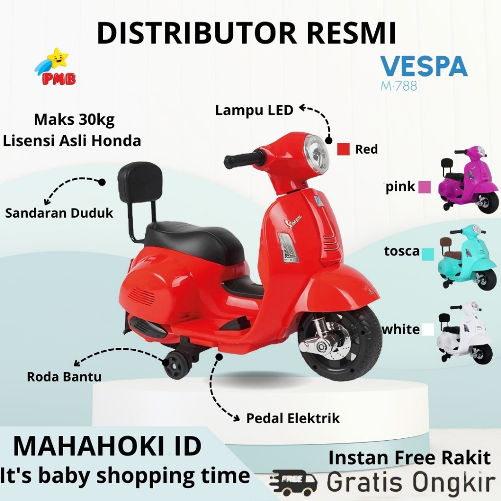 MOTOR AKI ANAK VESPA PMB M788 LISENSI ASLI MERK VESPA-SCOOTER ANAK MAINAN SEPEDA MOTOR LISTRIK