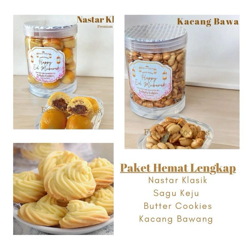 

Paket Hemat Lengkap Kue Kering / Cookies Lebaran / Cookies Premium / Nastar / Kastengel / Palm Cheese