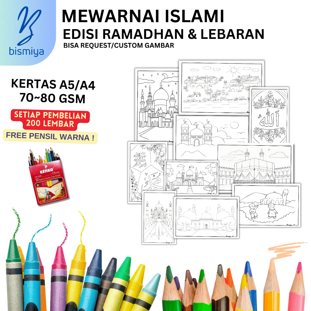 [G7] Kertas Gambar HVS Mewarnai Tema ISLAM lebaran islami gambar TK KB PAUD SD