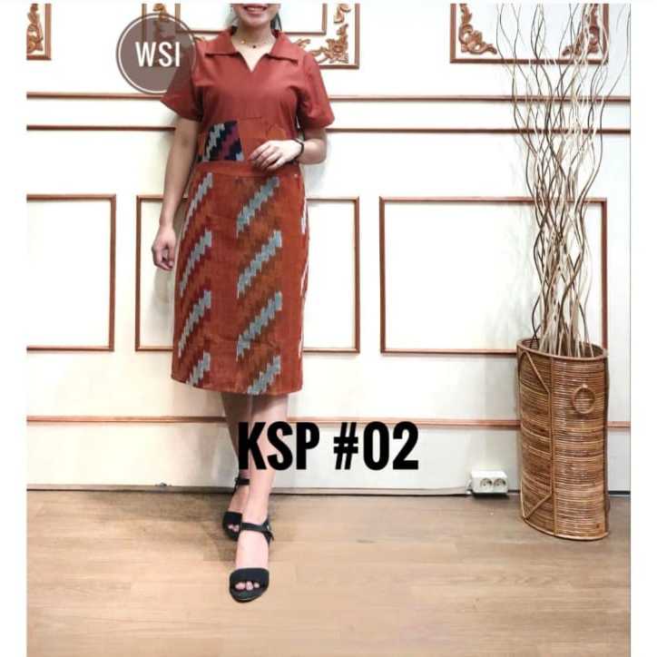 NEW Dress Tenun asli jepara Kombinasi Bahan Polos Model Span Leher Kerah Lengan Pendek/Dress Tenun W