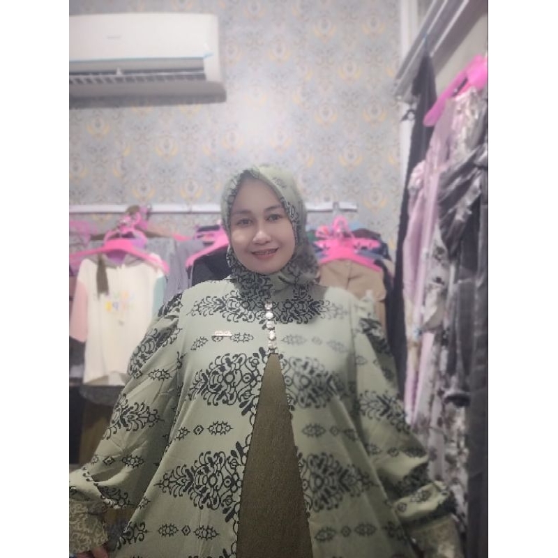 Baju oneset dress jilbab hijau motif batik sifon