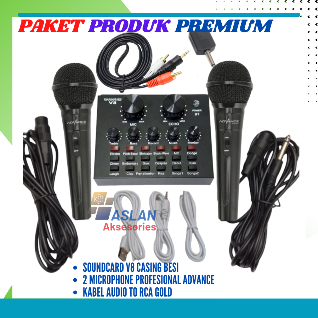 Paket Lengkap Alat karaoke di rumah Soundcard Bluetooth V8 Audio USB External live Broadcast Mic Adv
