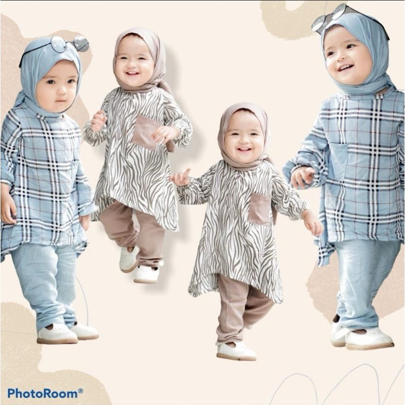 Set Tunik Azzahra / Setelan Baju Muslim / Pakaian Anak peremuan usia 1-4 Tahun Termasuk Hijab Pashmi