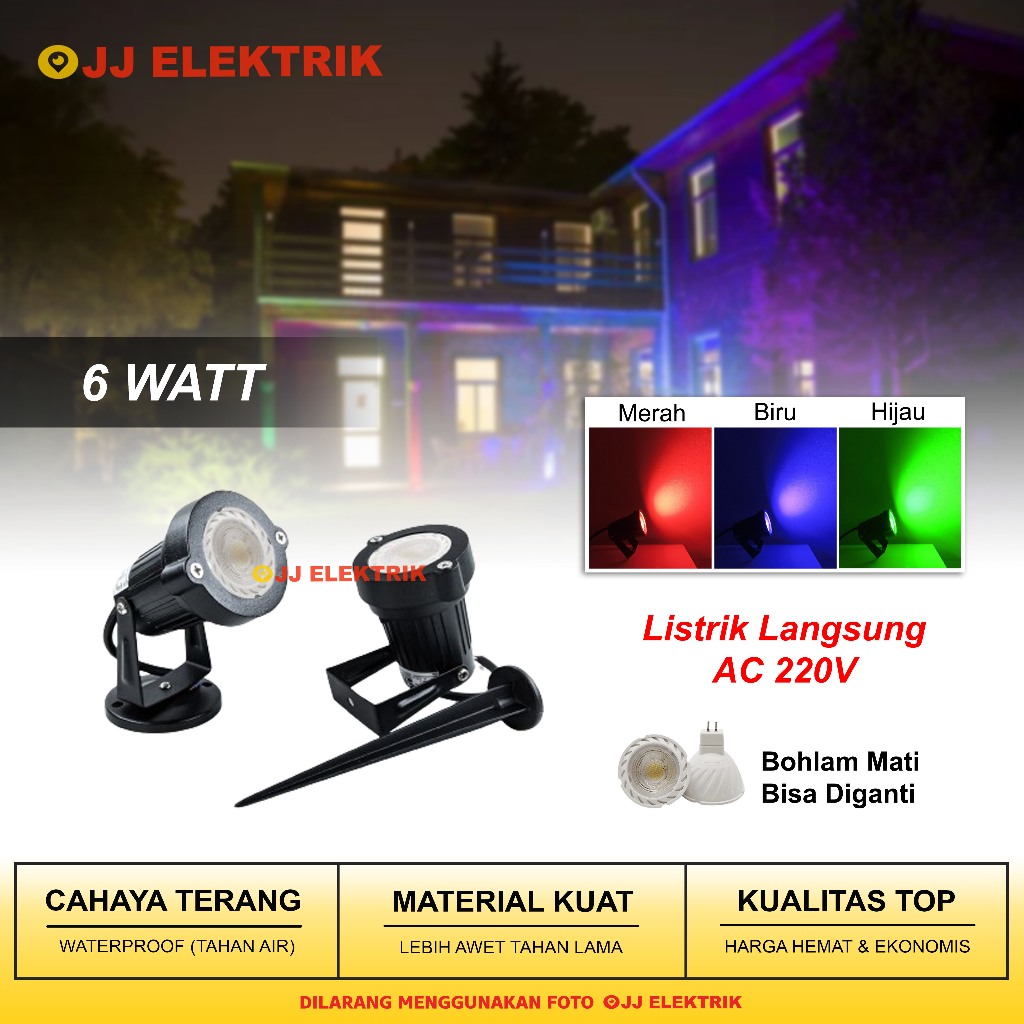 LokaWear16 - Lampu Sorot LED Outdoor 6W MR16 Warna Merah, Biru, Hijau Bisa Ganti Bohlam Dekorasi
