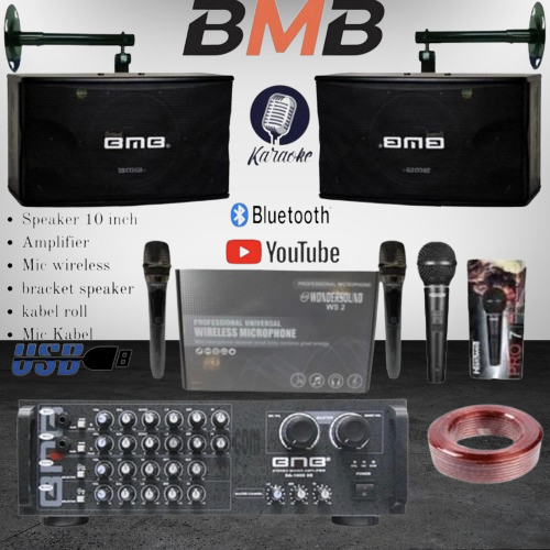 PAKET BMB SPEAKER 10 INCH + AMPLIFIER+ MIC WIRELESS DAN MIC KABEL FREE KABEL SPEAKER DAN BREKET