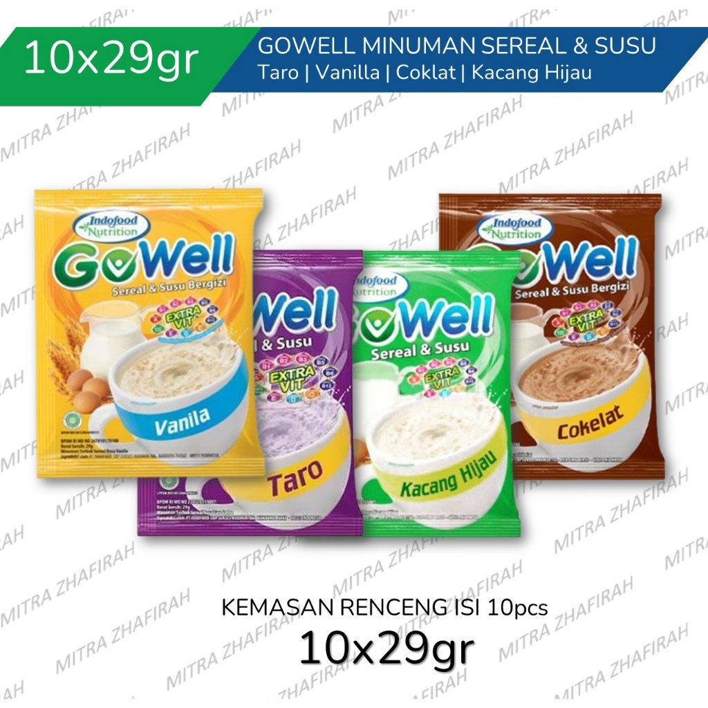 

GOWELL sereal Susu kemasan Renceng isi 10pcs Sereal GOWELL Rasa Taro Vanilla Kacang Hijau dan Coklat