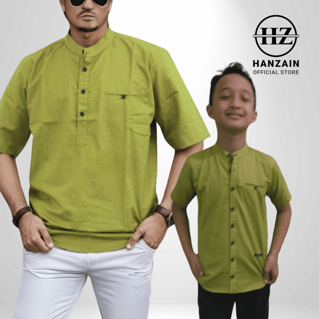 Kemeja Koko Kemko Pria Dewasa dan Anak Lengan Pendek Katun Hijau Lemon Lime