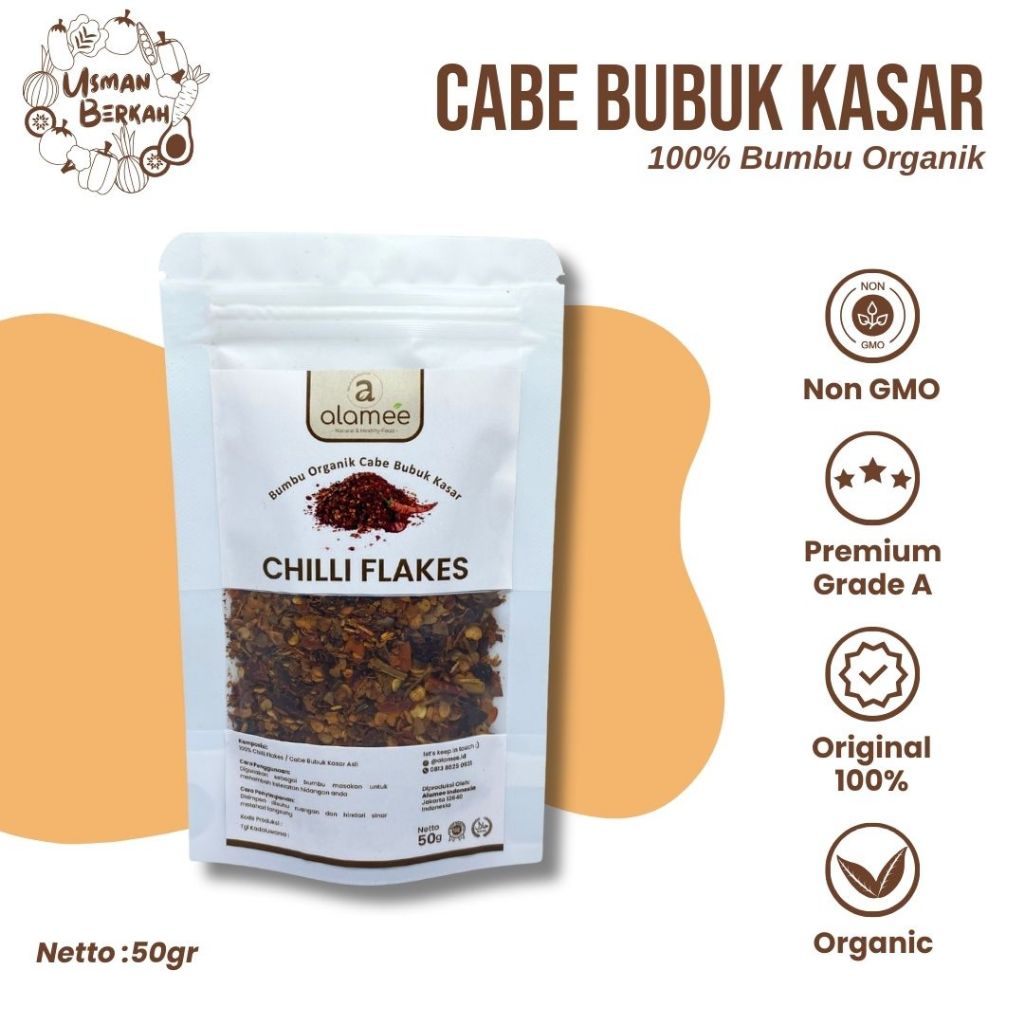

Cabe Bubuk Kasar Chilli Flakes Cabai Bumbu Organik Rempah Rimpang Murni Asli Tanpa Campuran USMAN BERKAH 50gr