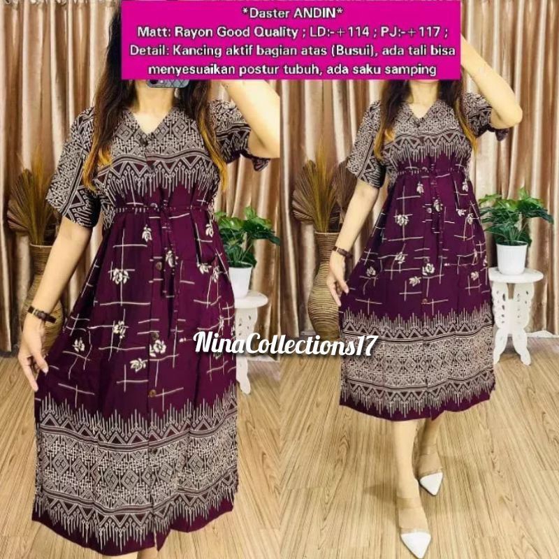 Daster Dress Andin Pagar Rayon Kancing Aktif Busui / Daster Andin Motif / Daster Andin Rayon / Daste