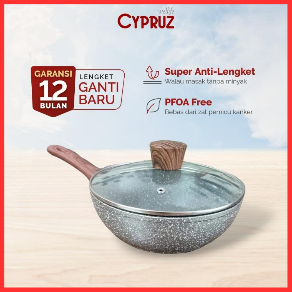 CYPRUZ MARBLE WOK PAN 28 CM FP-0644 + LID KACA WAJAN ANTI LENGKET WAJAN KERAMIK CYPRUS WAJAN MARBLE