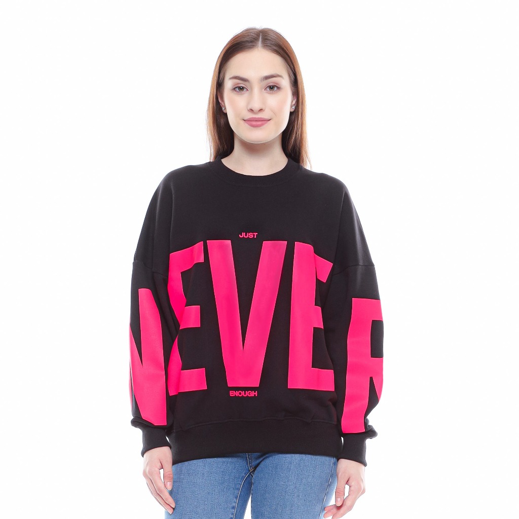 Enough Kuiy Sweater Crewneck Oversize Oblong Wanita Big Size Jumbo  Hitam Boxy Bahan Fleece Katun Sa
