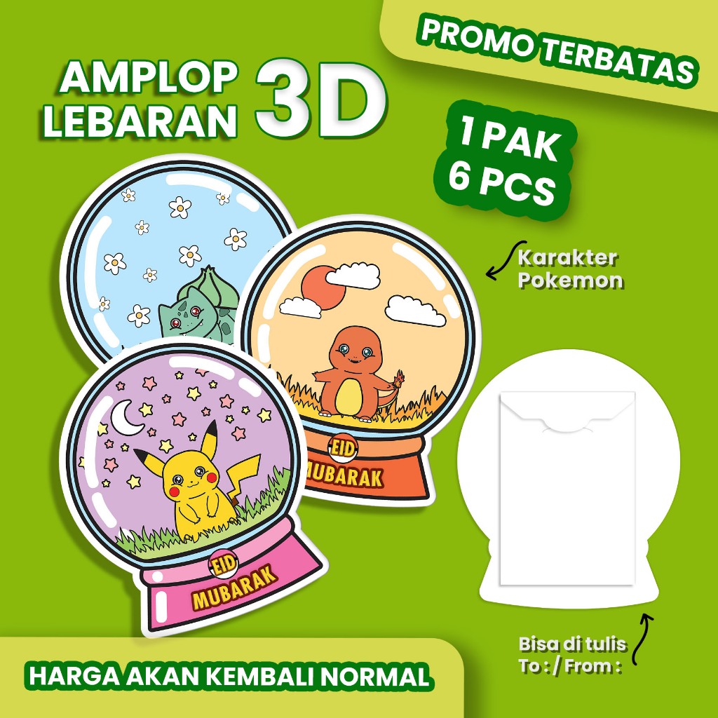 

Amplop 3D (ISI 6 PCS), Amplop Lebaran Viral Termurah, AMPLOP LEBARAN Karakter Pokemon