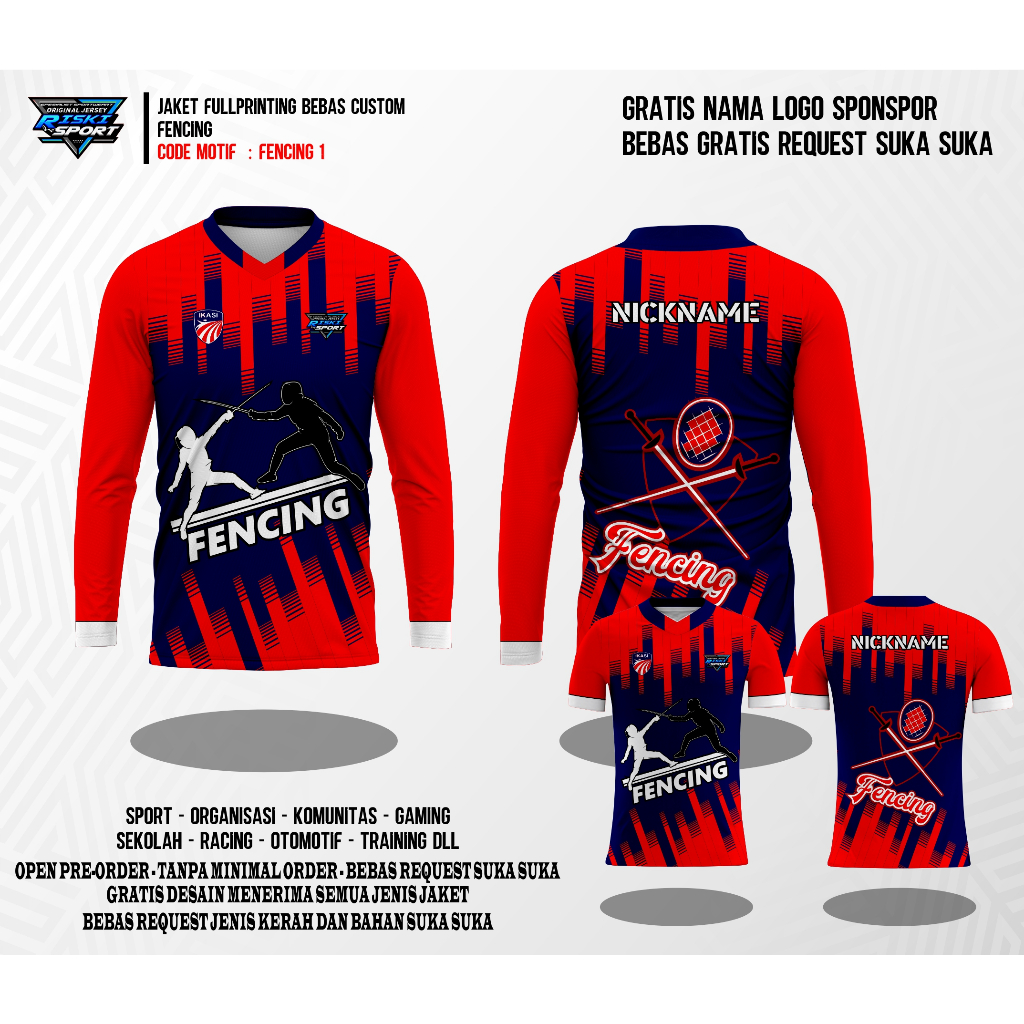 Baju Pria Kaos Jersey Anggar Fencing  Bela Diri Custom Full Printing gratis request suka suka