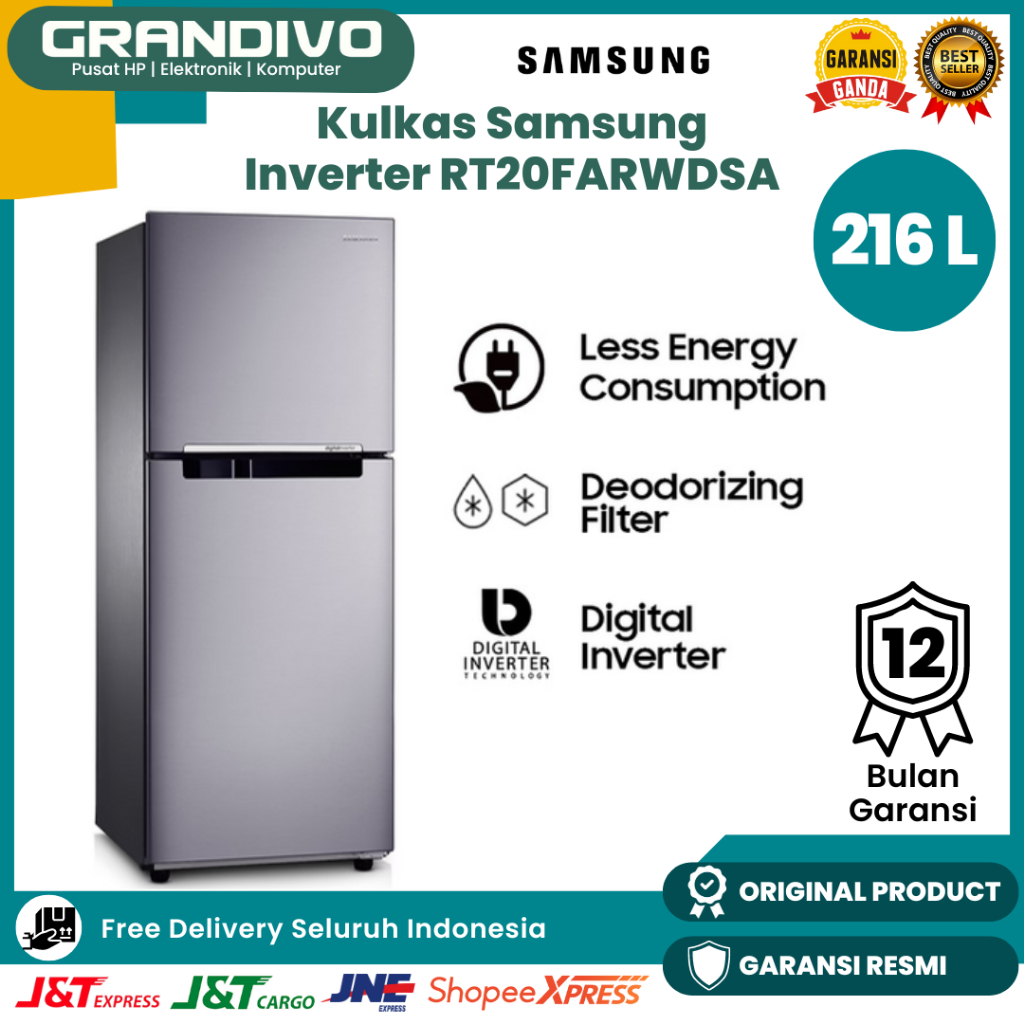 Kulkas Samsung Inverter 2 Pintu 216 Liter Tanpa Bunga Es Multi Air Flow Cooling RT20FARWDSA - Grandivo