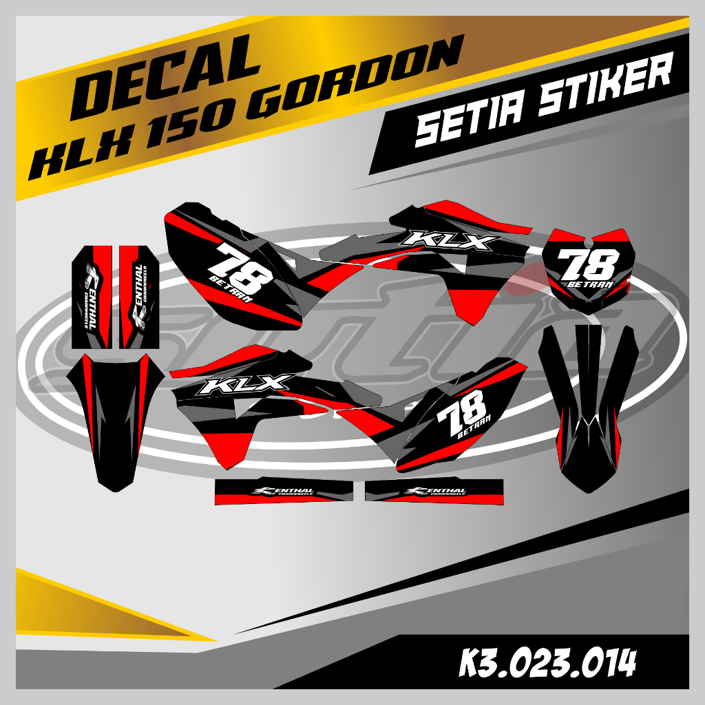 DECAL KLX GORDON, WARNA MERAH, ABU-ABU, ELEGEN, KEREN, SIMPLE, STIKER SUPERMOTO TRAIL, DESAIN BEBAS 