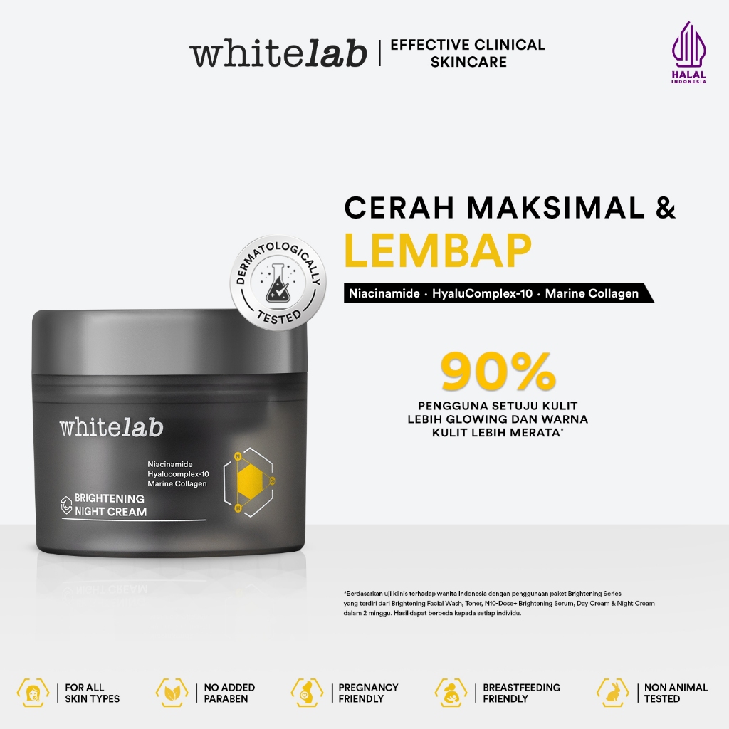Foto Whitelab Brightening Night Cream - Pelembap Krim Malam Pencerah Wajah Untuk Kulit Kering Dengan Niacinamide, Hyaluronic & Collagen [BPOM]