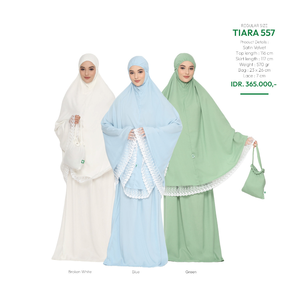 Mukena Tatuis Tiara 557 Satin Velvet Polos Renda Broken White Blue Biru Green Hijau