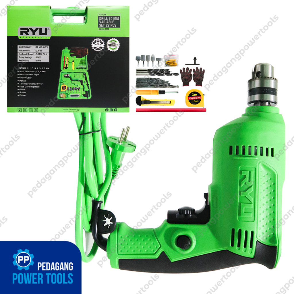 BERGARANSI - TEKIRO RYU SET MESIN BOR LISTRIK 10 MM 22 PCS RDR10-3REB