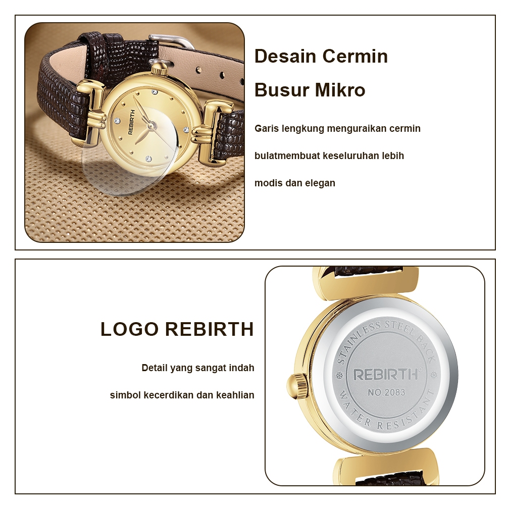 REBIRTH Jam Tangan Wanita Anti Air Original Korean Elegan Style Tali Kulit Kuarsa Jam Tangan Cewek-7