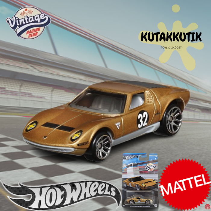 Hot Wheels Silver 1971 Lamborghini Miura SV Emas Gold No 32 Vintage Racing Club