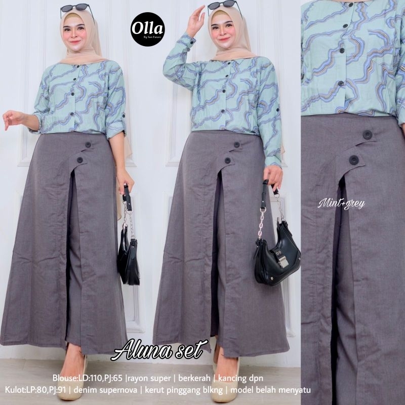 Aluna Set By OLLA • Setelah Wanita • Setelan Atasan Blouse Kulot Celana Panjang Wanita Muslim Kekini