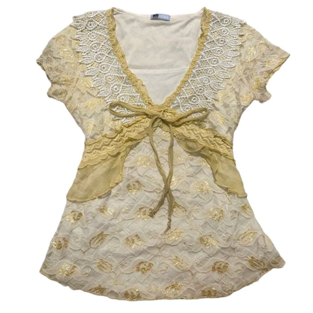 Fairycore Lace Ribbon Layered Boho V neck Top | Atasan lengan pendek babydoll fairy floral brukat ti