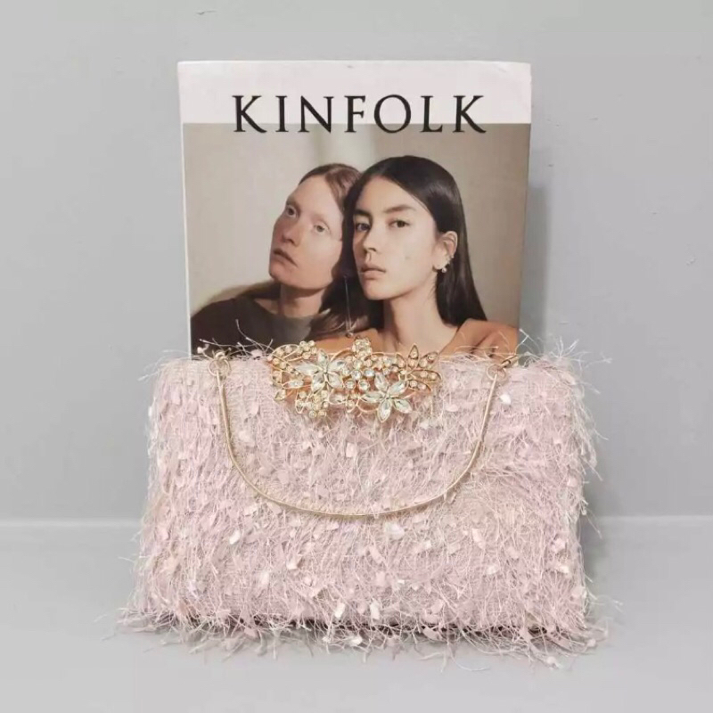 Clutch Tas Pesta Kondangan Bulu Mewah Tali Panjang dan Tenteng Tas Pesta Pernikahan Wisuda Ulang Tah