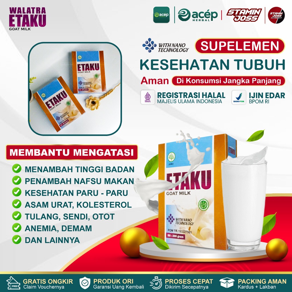 

Susu Etawa Etaku Goat Milk Original Susu Kambing Etawa Bubuk Murni Isi 200 Gram Multivitamin Omega 3 susu tinggi badan paru paru basah flek paru tulang dan sendi lansia asam lambung gerd Asam Urat Kolesterol