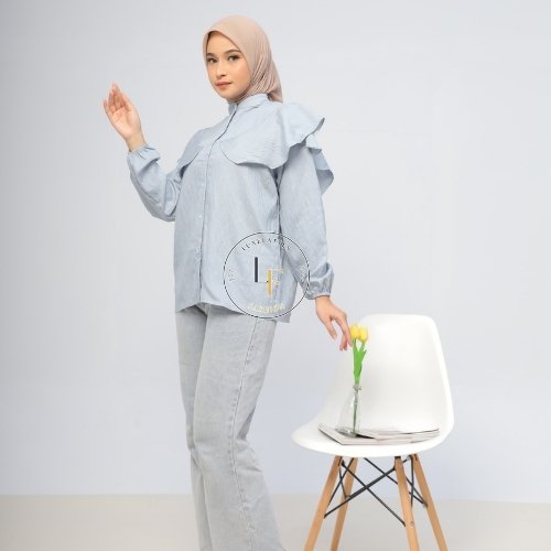 Kemeja Blouse Ruffle Polo Linen Bahan Adem - Kemeja Wanita Blouse Ruffle Polo Linen Premium 100% Ori