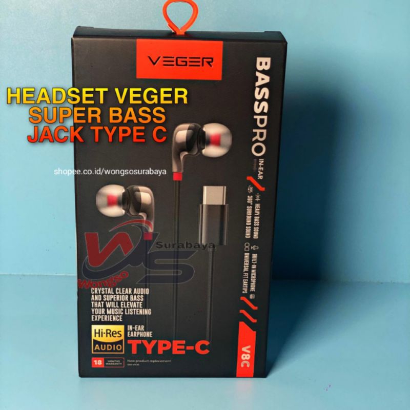 HEADSET FULL BASS VEGER V8C EARPHONE TYPE C WITH MICROPHONE FOR ANDROID USB C HEADSET ORI 100%
