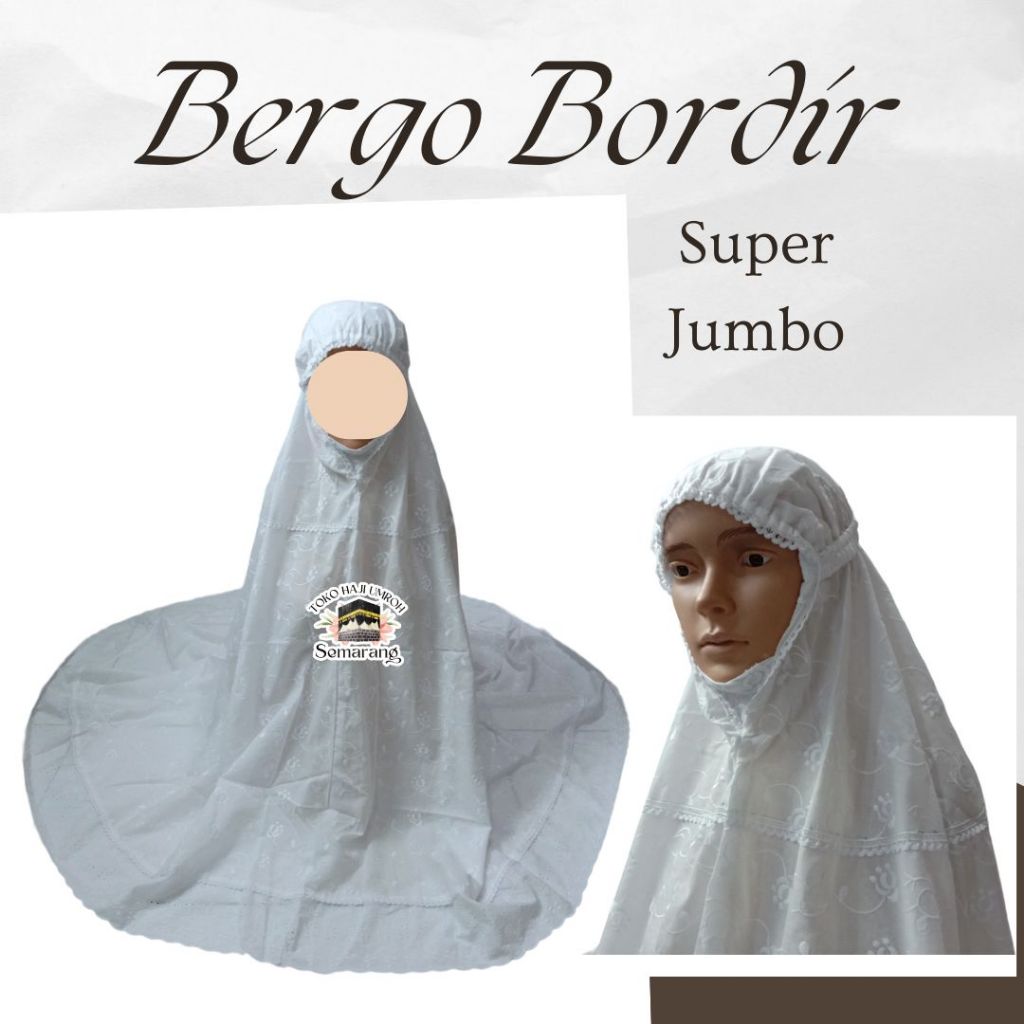 Bergo Bordir Super Jumbo | Warna Putih Jilbab Kerudung Instan Warna Putih Besar Jumbo Ihram Ihrom Wa