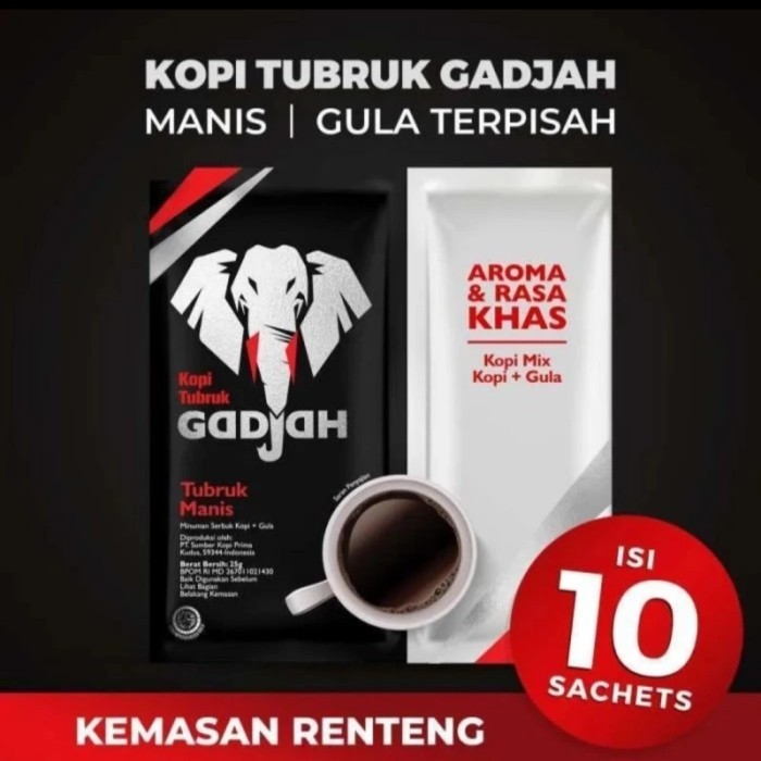 

Kopi Tubruk Gadjah Coffee Mix Kopi + Gula - 1 renceng 10 Pcs