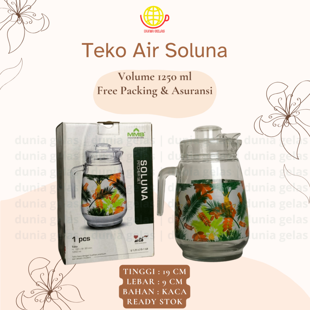 Teko Air Soluna 1,2 liter/Teko Kaca/Teko Es Teh/Pitcher Teko Air 1250 ml/Tempat Air/Teko Kaca Murah