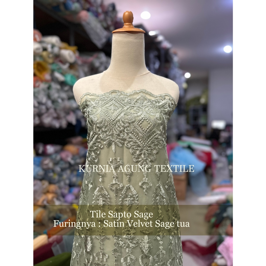 Promo Brukat Tile Sapto Premium Motif Etnik Sumba Meteran Warna Sage Green Bahan Kebaya Gaun Dress