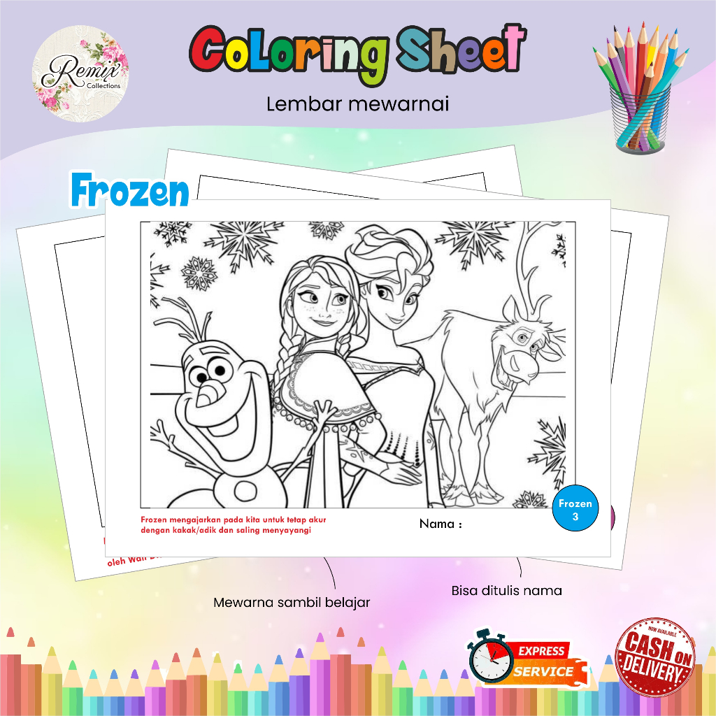 Kertas Mewarnai tema FROZEN / Kertas Gambar / Kertas Warna Anak TK SD / Watercolor