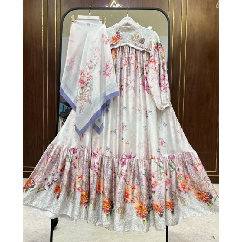 Gamis Set Hijab Pink Putih Mewah Lebaran by Shellasaukia