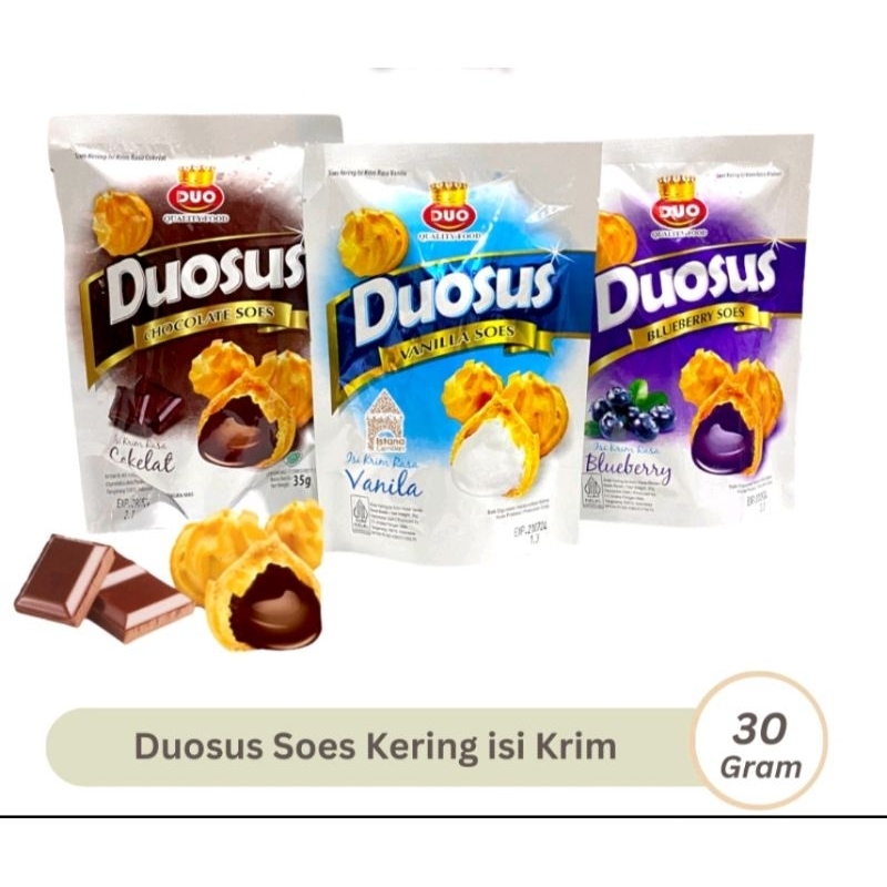 

Duosus Kue Soes Kering Isi Krim Coklat Vanila Blueberry 30gr