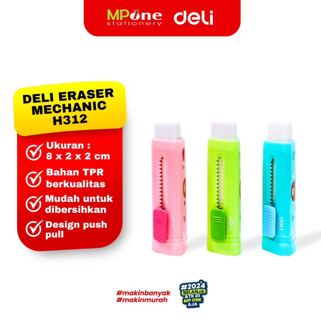 

Deli Eraser Mechanic H312 / Penghapus Sekolah Anak Mekanik Deli / Penghapus Karet Mekanik Anti Selip Deli H321