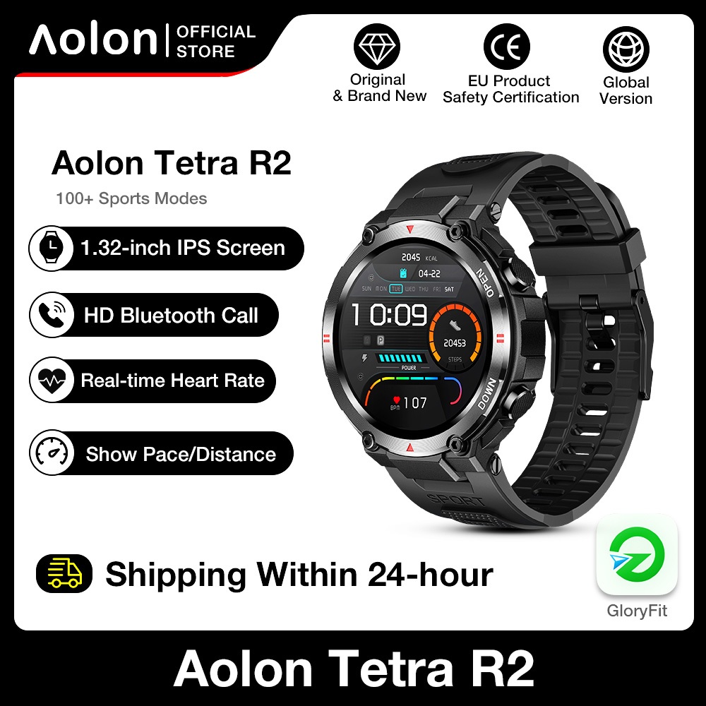 Aolon Tetra R2 Smartwatch Jam Tangan Original Waterproof IP68 Tracker Outdoor Custom Wallpaper Sports Fitness Tracker Bluetooth Call For Pria Wanita-Black