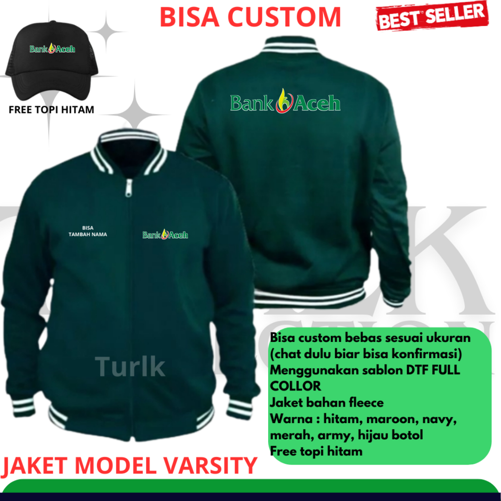 Jaket Bank Aceh Jaket Varsity Bank aceh Free Topi Hitam