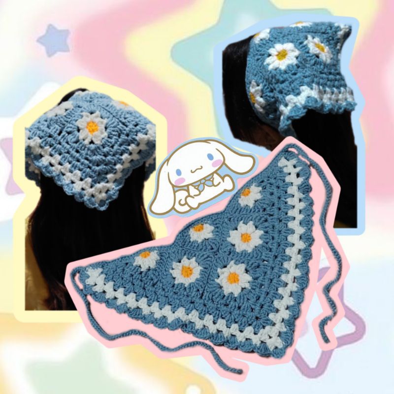 Bandana rajut bunga daisy | bandana rajut | bandana segitiga | bandana crochet
