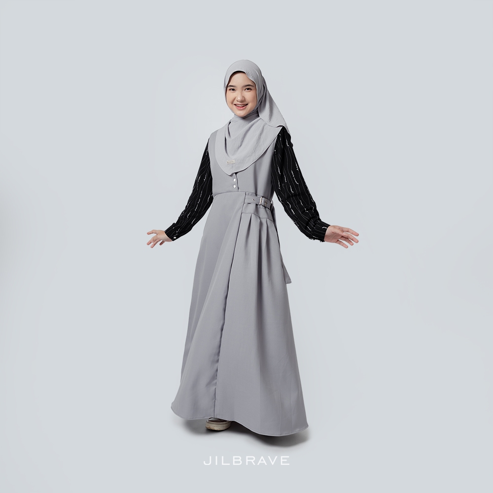 JILBRAVE Maggie Overall Gamis Casual Lebaran Inner Rayon Motif Monogram Premium Raya Collection-LIGHT GREY