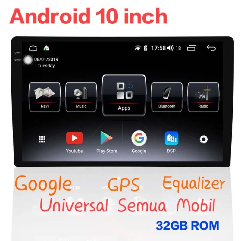 android 8.1 layar 10 inch tape mobil double din head unit 2 din 16gb. quad core arm cortex