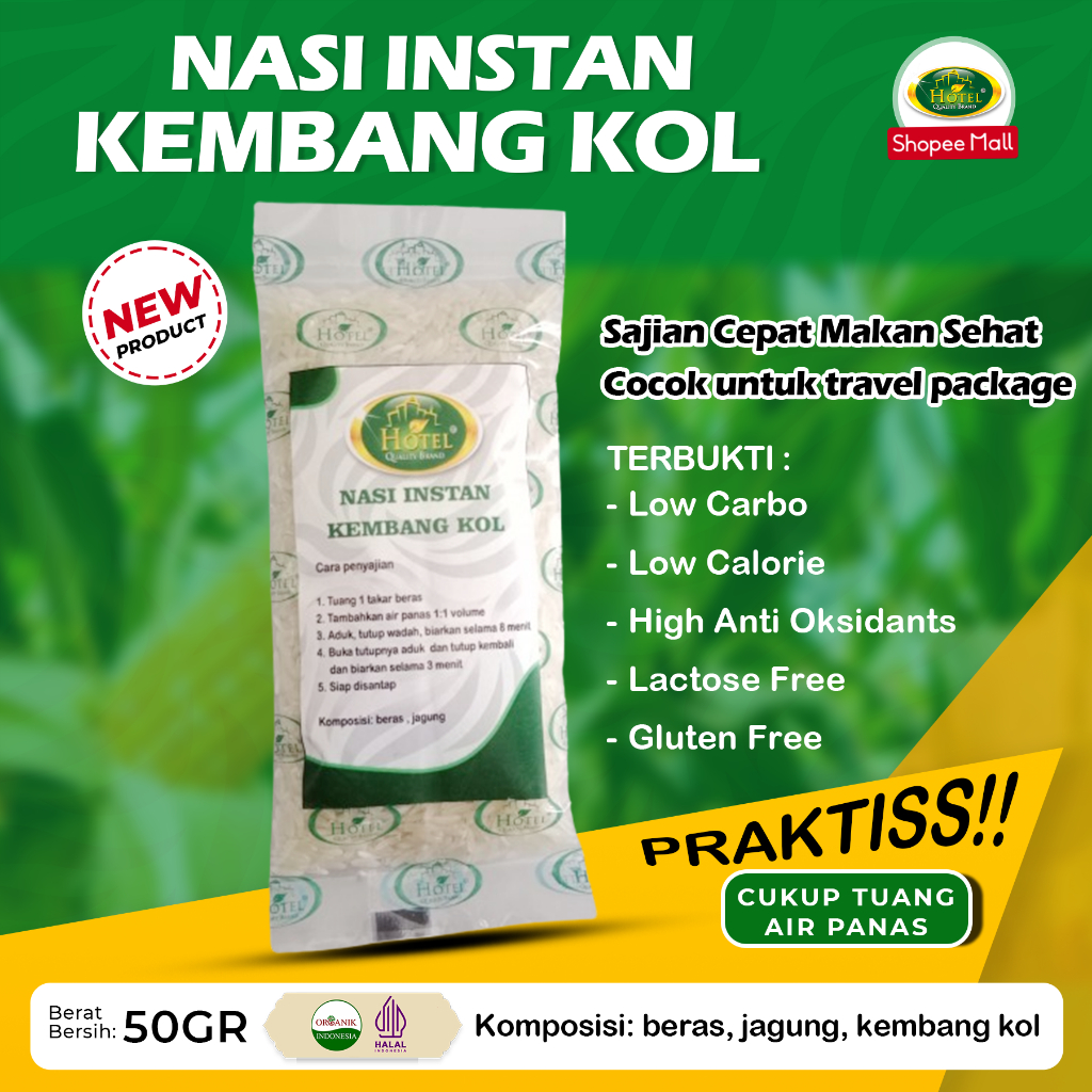 

Nasi Instan Kembang Kol HOTEL 50gr - Nasi Instan Sachet Travel - Makanan Instan Rendah Kalori