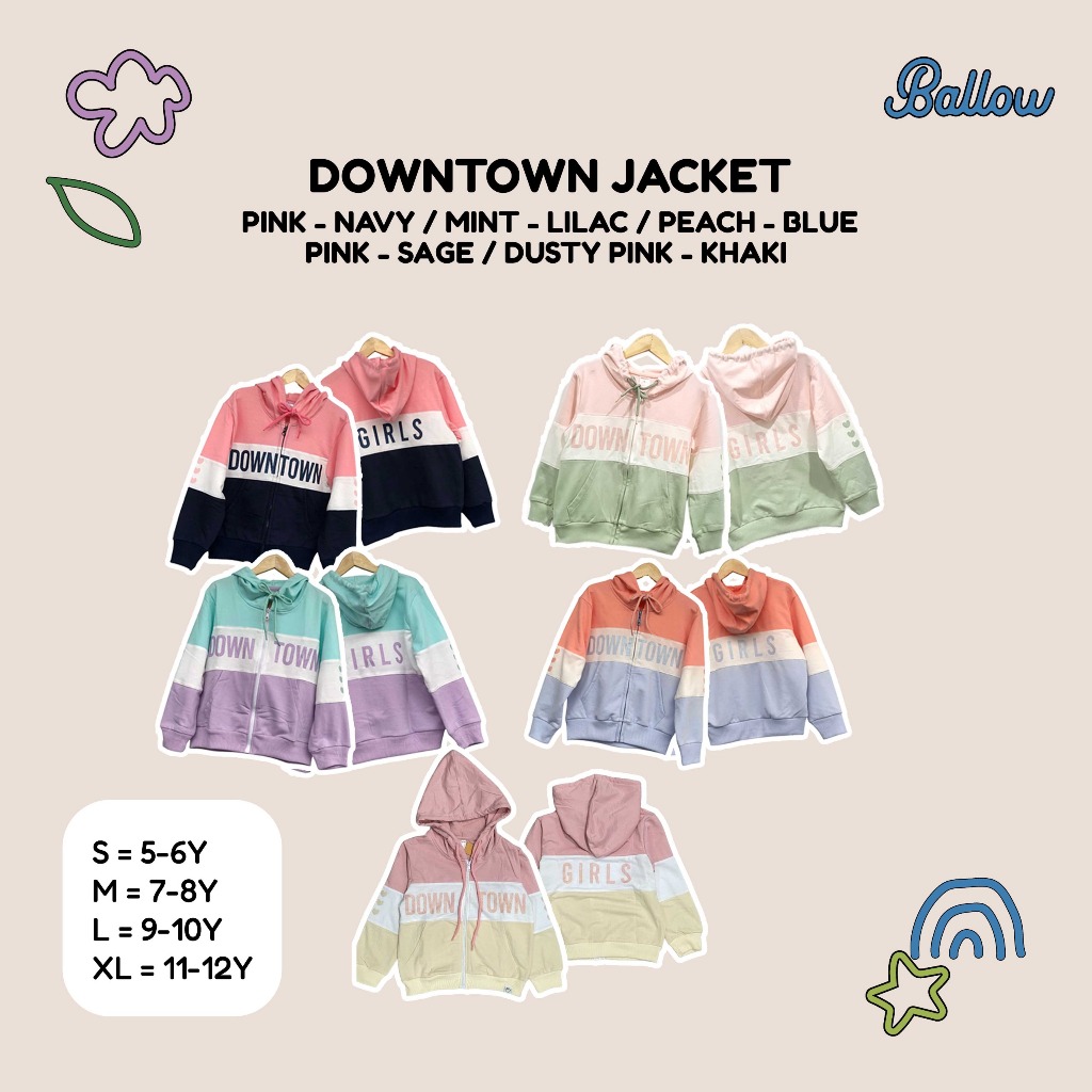 BALLOW - DOWNTOWN Jaket / Jaket Hoodie Lengan Panjang Anak Perempuan umur 5-11 Tahun