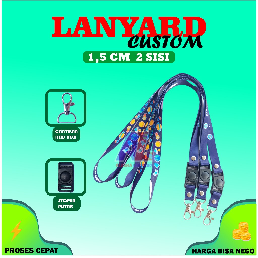 

CETAK TALI LANYARD SATUAN 1,5 CM 2SISI/TALI LANYARD CUSTOM/GANTUNGAN NAME TAG