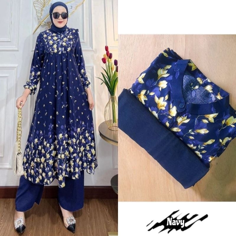 Set Long Tunik Rayon Diamond Premium Celana Crinkle Airflow Premium / Setelan Tunik Panjang Viral Ke