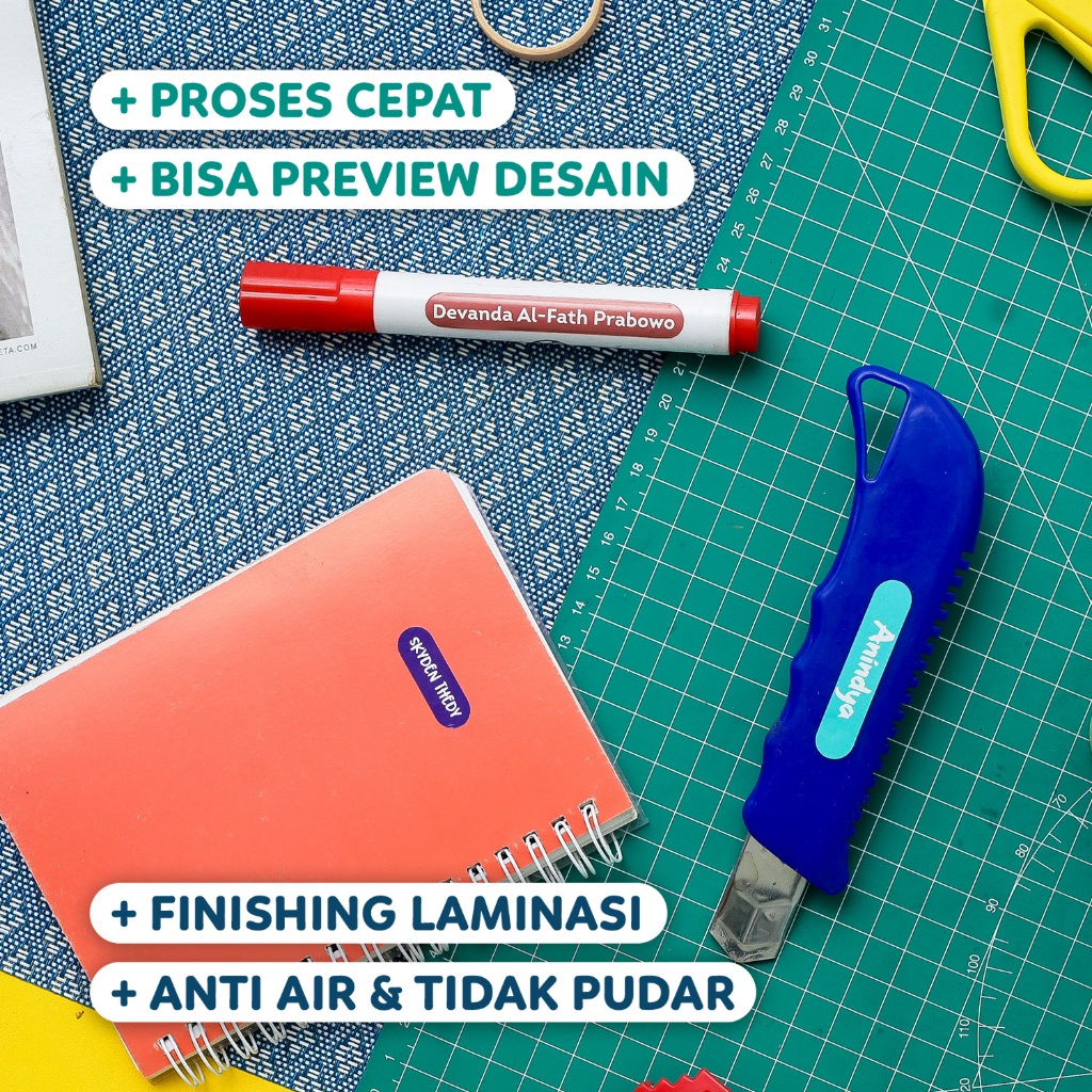 

Stiker Nama Printing Polos, Bahan Vinyl Laminasi Ukuran Kecil