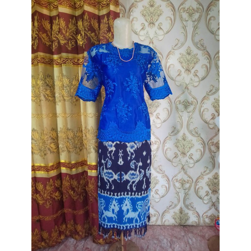 setelan rok blouse tenun Jepara biru elektrik